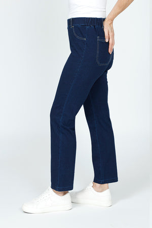 Lolo Luxe Jean Terry Ankle Pant in Denim.  1" elastic pull on jean with 5 pocket styling.  Faux fly.  Contrast color top stitching.  Belt loops.  Straight leg.  Inseam: 28"_59584218464622