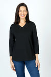 Top Ligne Ribbed V Neck Shirttail Top in Black.  Raised vertical rib.  V neck with 3/4 sleeve with shirttail hem.  Relaxed fit._t_59595262296430