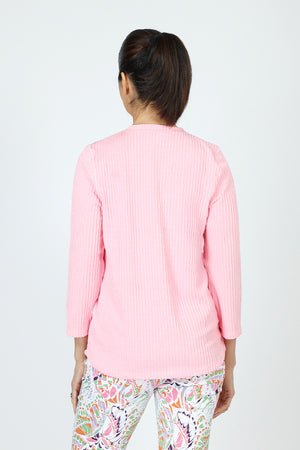 Top Ligne Ribbed V Neck Shirttail Top in Pink.  Raised vertical rib.  V neck with 3/4 sleeve with shirttail hem.  Relaxed fit._59595262165358