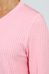 Top Ligne Ribbed V Neck Shirttail Top in Pink.  Raised vertical rib.  V neck with 3/4 sleeve with shirttail hem.  Relaxed fit._t_59595262329198