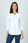 Top Ligne Ribbed V Neck Shirttail Top in White.  Raised vertical rib.  V neck with 3/4 sleeve with shirttail hem.  Relaxed fit._t_59595262198126