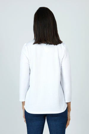 Top Ligne Ribbed V Neck Shirttail Top in White.  Raised vertical rib.  V neck with 3/4 sleeve with shirttail hem.  Relaxed fit._59595262427502