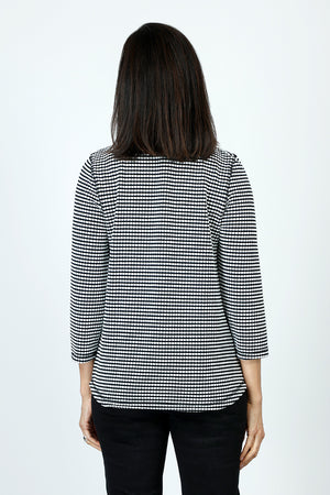 Top Ligne Grid V Neck Shirttail Top in Black/White.  V neck 3/4 sleeve top with shirttail hem.  Raised miniature blocks in white in a grid pattern on black.  A line shape.  Relaxed fit._59598244118894