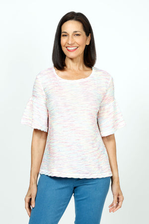 Top Ligne Neon Waves Flounce Tee. Raised textural multi color waves create subtle stripes on a white background.  Crew neck elbow sleeve a line tee with flounce cuff.  Relaxed fit._35730602033352