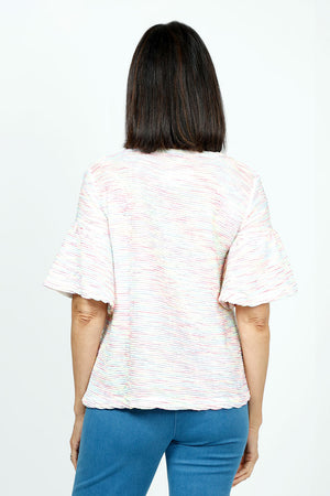 Top Ligne Neon Waves Flounce Tee. Raised textural multi color waves create subtle stripes on a white background. Crew neck elbow sleeve a line tee with flounce cuff. Relaxed fit._35730602000584