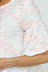 Top Ligne Neon Waves Flounce Tee. Raised textural multi color waves create subtle stripes on a white background. Crew neck elbow sleeve a line tee with flounce cuff. Relaxed fit._t_35730601967816