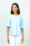Top Ligne Neon Flowers Flounce Tee in Blue. Blue textured velour flours on a white background.  Crew neck tee with elbow length sleeve with ruffled cuff.  A line shape.  Relaxed fit._t_35730168185032