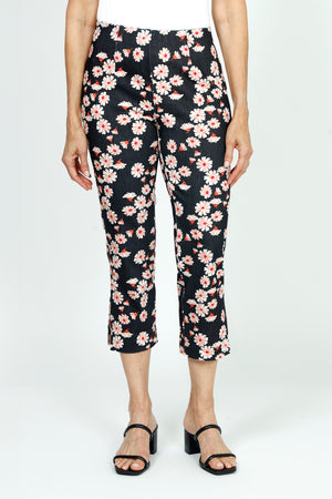 Holland Ave Susan Daisy Fun Crop Pant.  Pink and red daisies on a black background.  No waistband pull on pant with faux zipper placket.  Snug through stomach and thigh, falls straight to hem.  Side leg slits.  Inseam: 24"_52987900330350