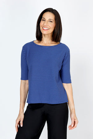 Organic Rags Striped Elbow Sleeve Tee in Admiral blue with narrow black stripes.  Banded crew neck with elbow length sleeve.  Straight hem.  Relaxed fit._59766202827118