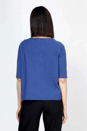 Organic Rags Striped Elbow Sleeve Tee in Admiral blue with narrow black stripes.  Banded crew neck with elbow length sleeve.  Straight hem.  Relaxed fit._59766202761582