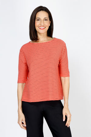 Organic Rags Striped Elbow Sleeve Tee in Red with narrow black stripes.  Banded crew neck with elbow length sleeve.  Straight hem.  Relaxed fit._59766202794350