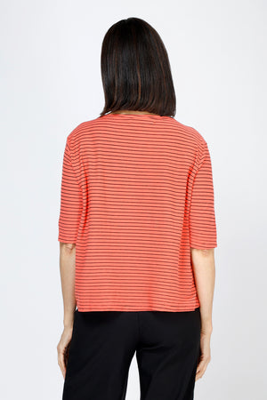 Organic Rags Striped Elbow Sleeve Tee in Red with narrow black stripes.  Banded crew neck with elbow length sleeve.  Straight hem.  Relaxed fit._59766202728814