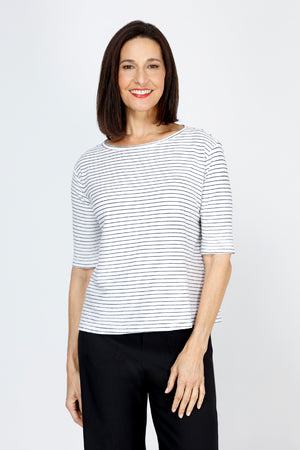 Organic Rags Striped Elbow Sleeve Tee in White with narrow black stripes.  Banded crew neck with elbow length sleeve.  Straight hem.  Relaxed fit._59766202663278