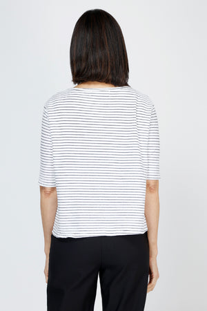 Organic Rags Striped Elbow Sleeve Tee in White with narrow black stripes.  Banded crew neck with elbow length sleeve.  Straight hem.  Relaxed fit._59766202630510