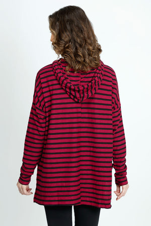 Organic Rags Stripe Sweatshirt Cardinal/Black.  Crew neck with drawstring hood.  Long sleeves.  Drop shoulders.  High low hem with side slits.  Relaxed fit._52912303604078