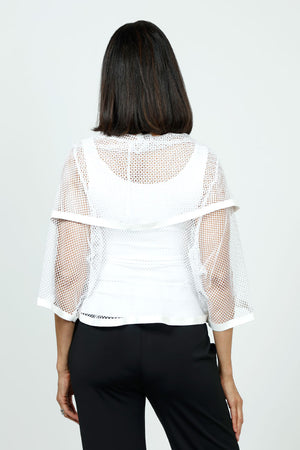 Planet Fishnet Jackie O Top in White. Fishnet knit cropped topper with oversized cowl neck, elbow length sleeves. Solid trim. Oversized fit._35762634064072