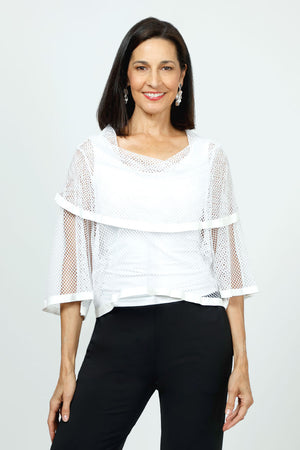 Planet Fishnet Jackie O Top in White.  Fishnet knit cropped topper with oversized cowl neck, elbow length sleeves.  Solid trim.  Oversized fit._35762633998536