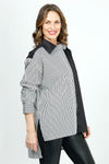 Planet Kool Shirt in Black/Stripe.  Half and half button down shirt: 1/2 stripes, 1/2 solid.  Long sleeves with button cuff.  High low hem.  Deep side slits. Solid back yoke. Oversized fit.  One size fits many._t_36064547406024