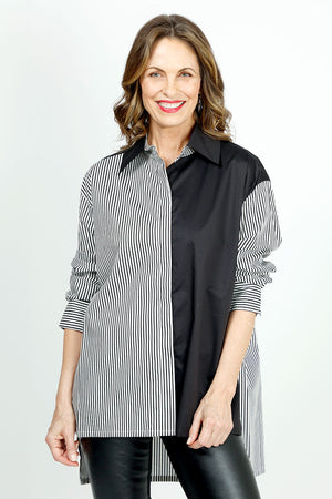 Planet Kool Shirt in Black/Stripe.  Half and half button down shirt: 1/2 stripes, 1/2 solid.  Long sleeves with button cuff.  High low hem.  Deep side slits. Solid back yoke. Oversized fit.  One size fits many._36064547471560