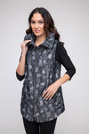 LIV by Habitat Sculpt Toggle Vest in Black.  Light gray splash print on black.  Zip front with wired convertible collar sleeveless vest.  Contour seaming.  2 front pockets with cinch toggle detail.  Back center seam.  Curved high low hem. Relaxed fit._t_52923686224238