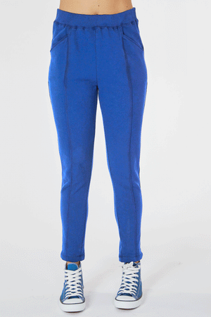 Mododoc Cashmere French Terry Seamed Ankle Pant in Cosmic Cobalt.  Ribbed pull on waistband with front slash pockets. Center leg seaming.  Slim leg.  27 1/2" inseam._59514439860590