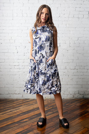 Olivia by Habitat Crimped Floral Cowl Dress in Shell.  Abstract navy, beige and white print. Crinkled intentionally wrinkled sleeveless dress with wire cowl collar.  Contour seams with front patch pockets.  Relaxed fit._59816966750574