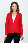 Metric One Button Blazer in Fiery Red.  Wide peaked lapel knit with single embossed silver button.  Long sleeves.  Flat knit.  Shoulder pads.  Boxy fit._t_59608927633774