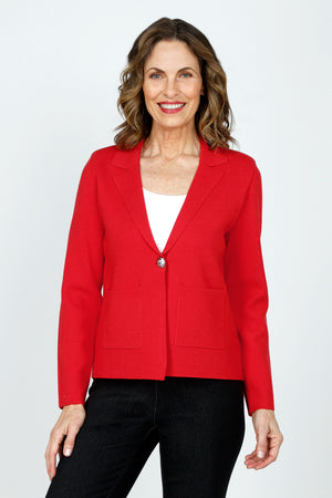 Metric One Button Blazer in Fiery Red.  Wide peaked lapel knit with single embossed silver button.  Long sleeves.  Flat knit.  Shoulder pads.  Boxy fit._59608927633774