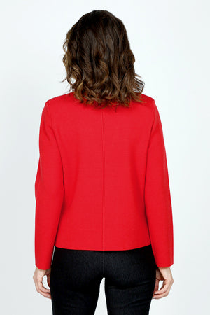 Metric One Button Blazer in Fiery Red.  Wide peaked lapel knit with single embossed silver button.  Long sleeves.  Flat knit.  Shoulder pads.  Boxy fit._59608927502702