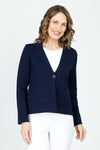 Metric One Button Blazer in Navy.  Wide peaked lapel knit with single embossed silver button.  Long sleeves.  Flat knit.  Shoulder pads.  Boxy fit._t_59608927568238