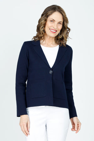 Metric One Button Blazer in Navy.  Wide peaked lapel knit with single embossed silver button.  Long sleeves.  Flat knit.  Shoulder pads.  Boxy fit._59608927568238