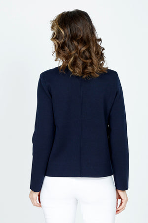 Metric One Button Blazer in Navy.  Wide peaked lapel knit with single embossed silver button.  Long sleeves.  Flat knit.  Shoulder pads.  Boxy fit._59608927535470