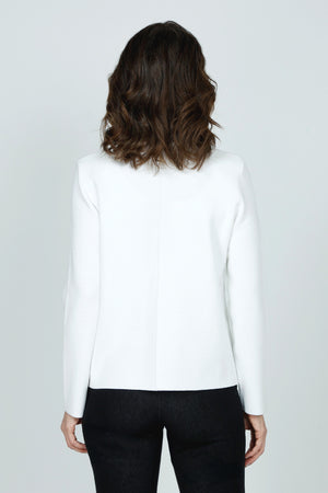 Metric One Button Blazer in White.  Wide peaked lapel knit with single embossed silver button.  Long sleeves.  Flat knit.  Shoulder pads.  Boxy fit._59608927666542