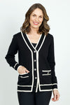 Metric Button Long Cardigan in Black with Ivory Trim.  V neck cardigan with gold & silver toned novelty buttons.  Long sleeves.  2 front patch pockets with button trim. Textured knit neck and button placket. Contrast trim around neck, pocket, hem and cuff.  Rib trim at hem and cuff. Classic fit._t_59410251743598