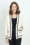 Metric Button Long Cardigan in Ivory with Black Trim.  V neck cardigan with gold & silver toned novelty buttons.  Long sleeves.  2 front patch pockets with button trim. Textured knit neck and button placket. Contrast trim around neck, pocket, hem and cuff.  Rib trim at hem and cuff. Classic fit._t_59410251841902