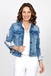 Frederique Lace Back Denim Jacket in Denim.  Jean jacket styling.  Solid denim front, sleeves and back yoke.  Lace back with scallop edge.  Lace trim lines cuff.  Distressed patches on sleeves lined with lace.  Classic fit._t_35563010719944