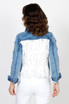 Frederique Lace Back Denim Jacket in Denim. Jean jacket styling. Solid denim front, sleeves and back yoke. Lace back with scallop edge. Lace trim lines cuff. Distressed patches on sleeves lined with lace. Classic fit._t_35563010621640