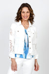 Frederique Lace Back Denim Jacket in White. Jean jacket styling. Solid white denim front, sleeves and back yoke. Lace back with scallop edge. Lace trim lines cuff. Distressed patches on sleeves lined with lace. Classic fit._t_35563010752712