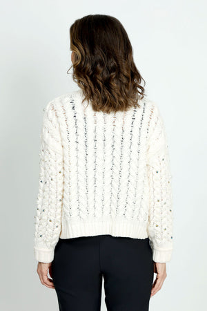 Metric Cardigan with Pearl Detail in Ivory.  Chunky open front cable knit with peal and iridescent stones.  Rib trim at hem and cuff.  Slightly cropped, boxy fit._52919131341166