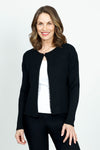 Metric Ribbed Cardi with Pearl Detail in black.  Vertical ribbed Open front knit with crew neck and single hook and eye closure.  Black pearl trim around neck and front.  Long sleeves. Dropped shoulder.  Classic fit._t_52919152542062