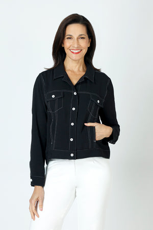 Top Ligne Airflow Contrast Stitch Jacket in Black with white top stitching.  Lightweight, lightly textured     jean-styled jacket.  Pointed collar button down jacket with white buttons.  Banded hem.  2 front flap pockets.  Front and back yoke.  Contour seaming.  Relaxed fit._59678057693550