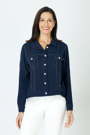 Top Ligne Airflow Contrast Stitch Jacket in Navy with white top stitching.  Lightweight, lightly textured     jean-styled jacket.  Pointed collar button down jacket with white buttons.  Banded hem.  2 front flap pockets.  Front and back yoke.  Contour seaming.  Relaxed fit._59678057595246