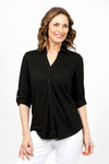 Top Ligne Roll Tab Button Down Top in Black.  Pointed collar open v neck button down with 3/4 roll button tab sleeves.  Curved hem.  Lightly textured fabric.  Relaxed fit._t_35071944065224