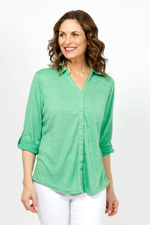 Top Ligne Roll Tab Button Down Top in Kelly Green. Pointed collar open v neck button down with 3/4 roll button tab sleeves. Curved hem. Lightly textured fabric. Relaxed fit._35439032598728