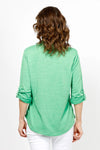 Top Ligne Roll Tab Button Down Top in Kelly Green. Pointed collar open v neck button down with 3/4 roll button tab sleeves. Curved hem. Lightly textured fabric. Relaxed fit._t_35439032762568