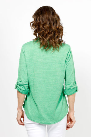 Top Ligne Roll Tab Button Down Top in Kelly Green. Pointed collar open v neck button down with 3/4 roll button tab sleeves. Curved hem. Lightly textured fabric. Relaxed fit._35439032762568