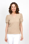 Top Ligne Pucker Ruffle Sleeve Top in Sand. V neck puckered top with short gathered sleeve and smocked cuff with ruffle trim. Relaxed fit._t_35571204587720