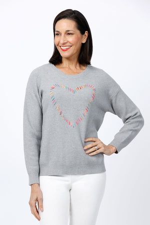 Ten oh 8 Heart Stitch Sweater in Gray.  Waffle knit crew neck sweater with long sleeves. Multi colored hand stitched heart outline on front.  Rib trim at neck hem and cuff.  Relaxed fit._52894026563950