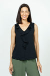 Top Ligne Sleeveless Ruffle Tank in Black. V neck sleeveless top with ruffle trim at the neck and half down the front. Curved hem. Relaxed fit._t_35748038770888