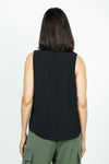 Top Ligne Sleeveless Ruffle Tank in Black. V neck sleeveless top with ruffle trim at the neck and half down the front. Curved hem. Relaxed fit._t_35748038738120